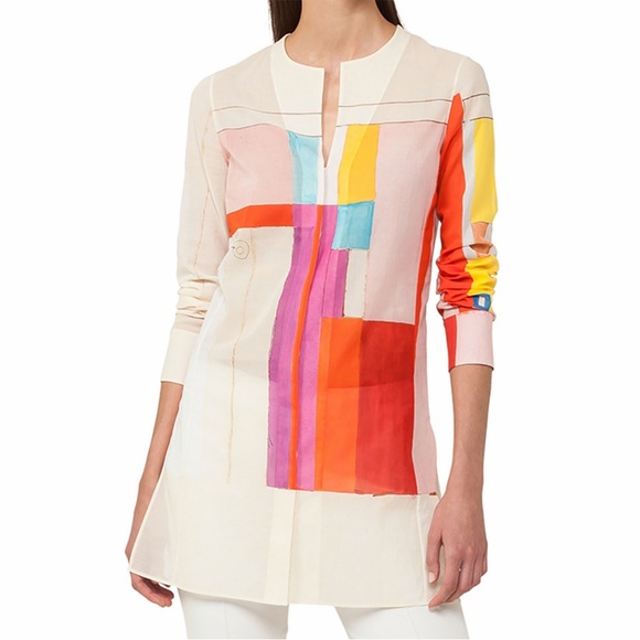 Akris Tops - Akris Mural Print Cotton Shirt Tunic Blouse Red Beige Colorblock Geometric 6